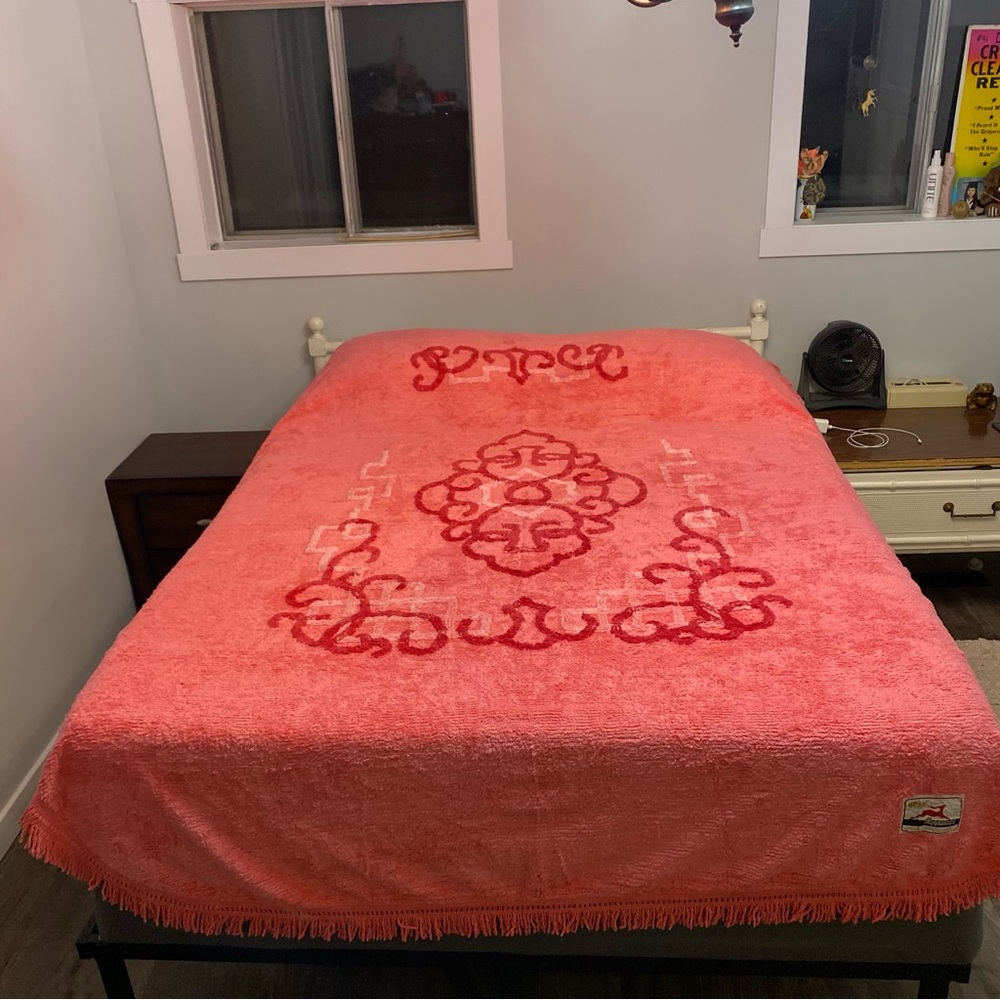 Vintage Chenille quilt coverlet blanket pink dusty rose Buddha face Shanghai - Picture 11 of 16
